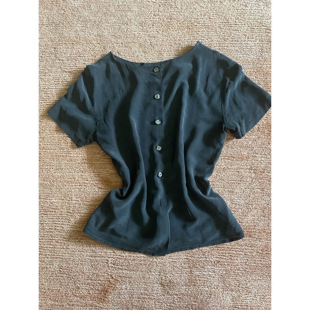 Women’s Pure Silk Ribbed Mock Neck Top Gray Short Sleeve Size 4